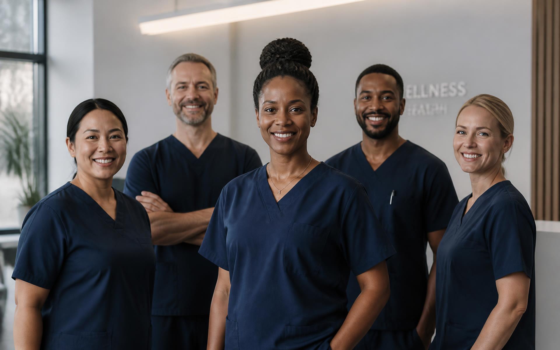 Healthcare professionals in navy scrubs in a modern clinic