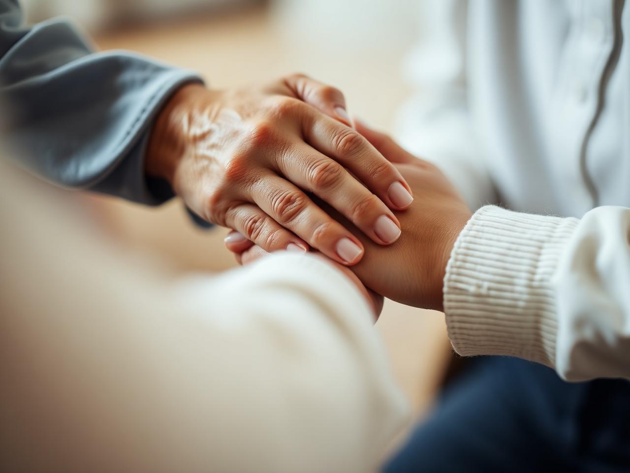 A caregiver gently holding a patient's hands